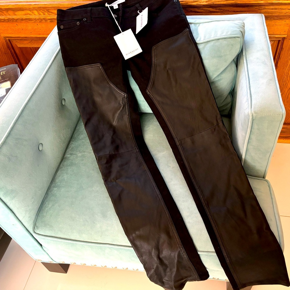 Givenchy Leather Designer Black Denim + Leather Pants Chaps